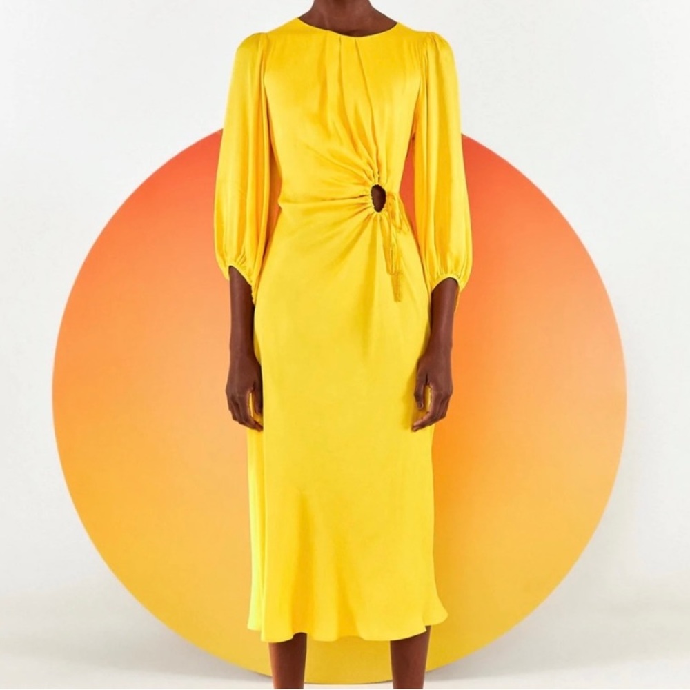 Farm Rio yellow front circle cut out midi dress
